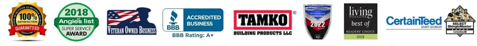 Landon Roofing credentials: 100% satisfaction, Angie's List Super Service Award 2018, Veteran Owned Business, BBB Accredited Business A+, TAMKO Building Products, 2022 award, Living Magazine Best of 2021 Readers' Choice, CertainTeed, CertainTeed SELECT ShingleMaster