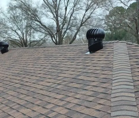 Brown shingle roof with a turbine vent