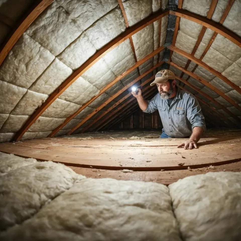 Professional inspector examining attic for damage during roof inspection, using flashlight to identify potential issues and ensure accurate repair estimates.