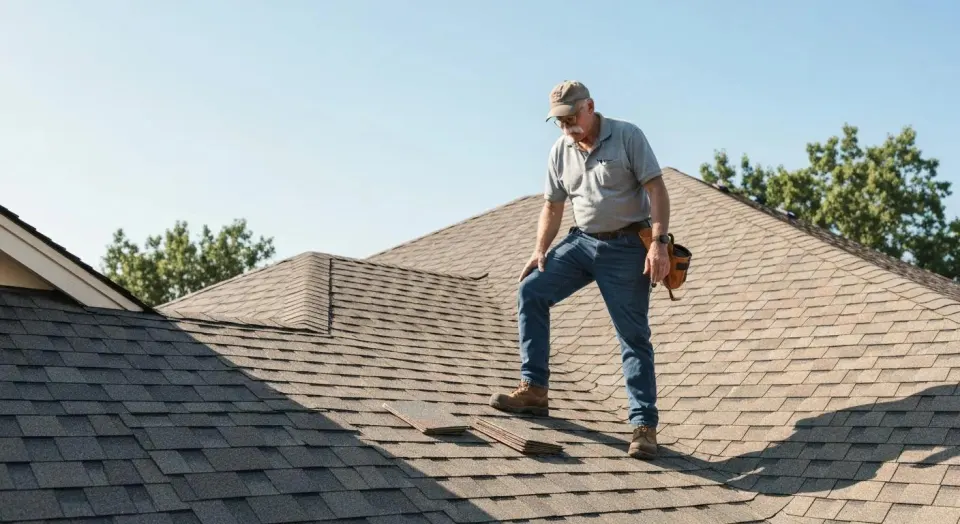 Man inspecting a residential roof with shingles, evaluating repair needs for roofing services in Little Rock.