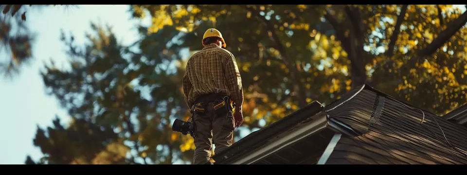 Roofer in hard hat standing on a residential roof, surrounded by trees, showcasing quality roofing work in Little Rock, AR.