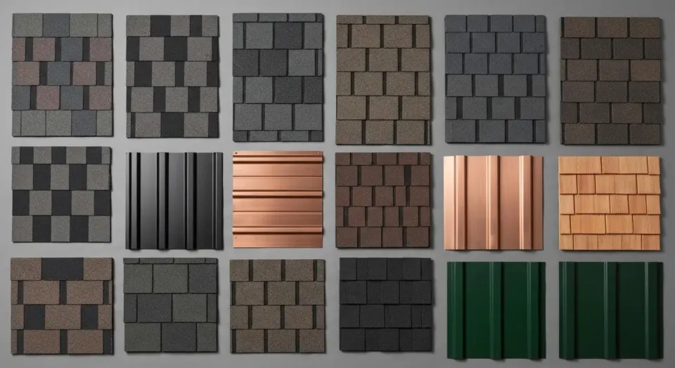 Variety of roofing materials including asphalt shingles, metal panels, and wooden shakes, displayed in a grid format, relevant to roofing repair estimates and material selection.
