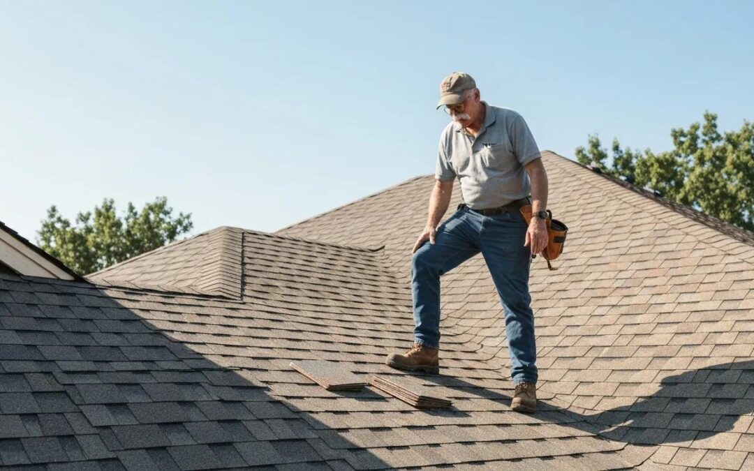 Man inspecting a residential roof with shingles, evaluating repair needs for roofing services in Little Rock.